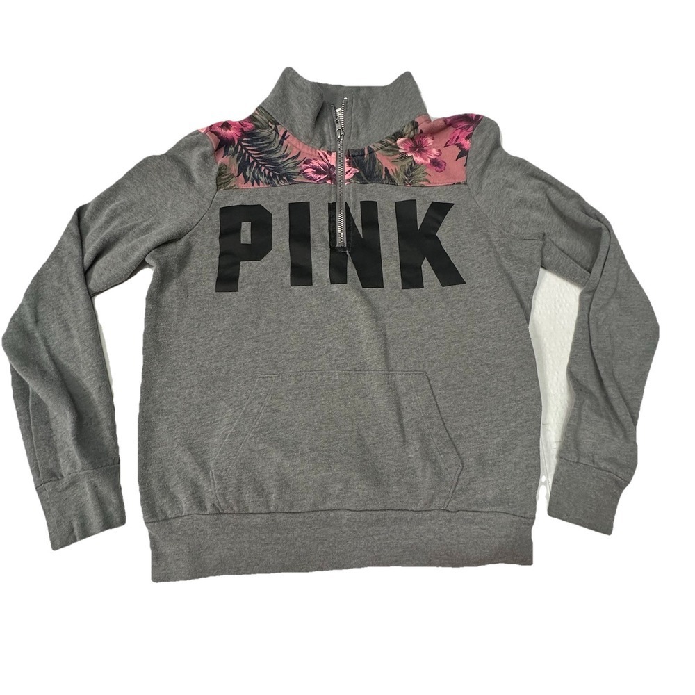 Victoria's‎ Secret PINK 1/4 Zip Hibiscus Floral Gray Sweatshirt Size XS Preppy